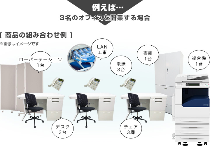 例えば・・・3名のオフィスを開業する場合 [商品の組み合わせ例] ※画像はイメージです